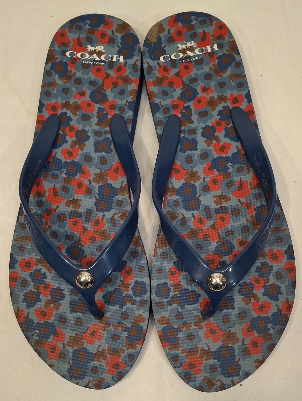 Coach Blue Floral Print Jelly Flip Flops. Like New.
